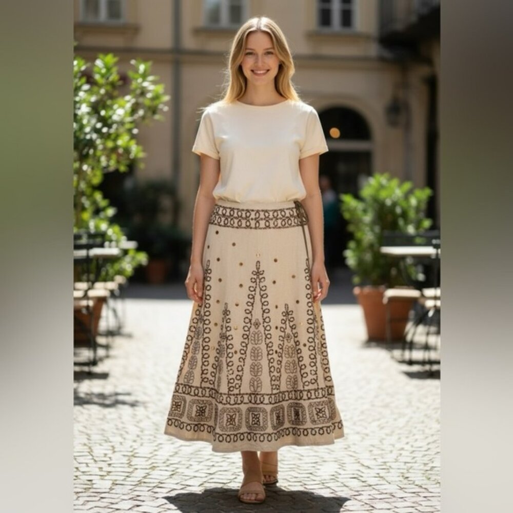 NWT Anthropologie BASIL & MAUDE MidiSkirt Beige Embellish Bronze Metallic Sequin - Picture 1 of 5